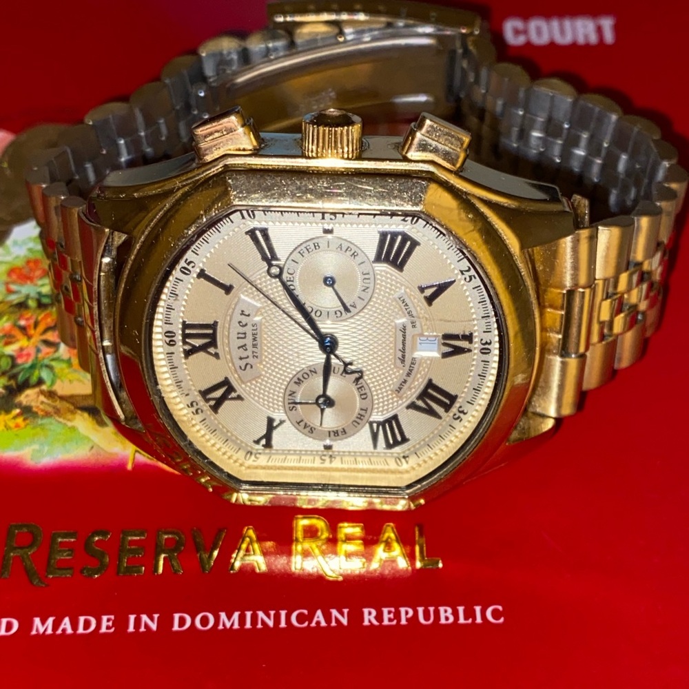 MENS STAUER AUTOMATIC 27 JEWEL TRIPLE DATE GOLD TONE MENS WATCH